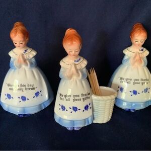 Vintage Enesco Blue Prayer Lady Salt And Pepper Shaker Set & Toothpick Holder